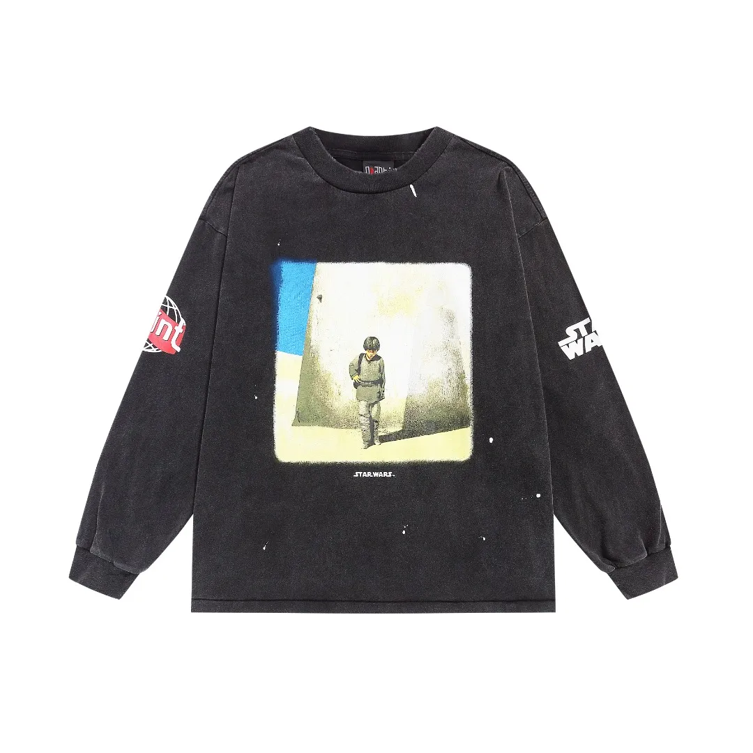 Saint Michael Star Wars VTG American high street washed and distressed loose long-sleeved bottoming T-shirt Fabric: 260g Style number: SM15 Size: S-M-L-XL Color: Black Price: P156